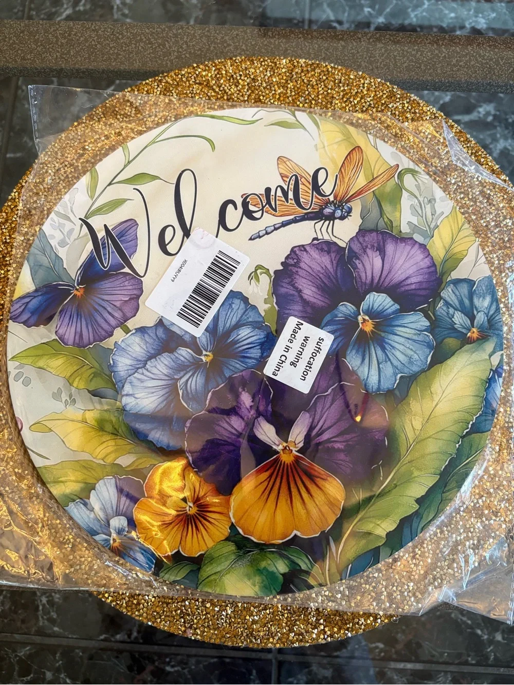 Welcome NWT Floral Wall Sign - Purple & Blue Pansies. Ready to hang. Size 12”
